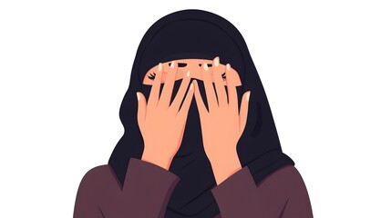 Professional Muslim woman in hijab covering eyes with palms in 2D car illustration