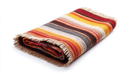 Multicolored striped throw blanket with fringed edges, folded on white background. Warm tones, autumnal colors