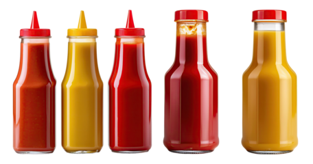 Bottles of Various Sauces Including Ketchup and Mustard Condiment, PNG bundle collection, Isolated on Transparent Background
