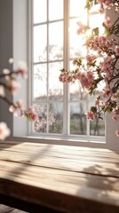 Fototapeta premium Serene Sunlight Streaming Through Window Illuminating Pink Cherry Blossoms and Rustic Wooden Tabletop Creating a Tranquil Spring Aesthetic