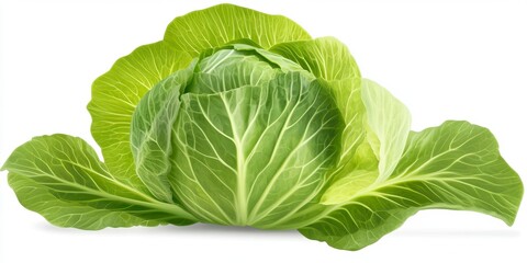 Obraz premium Fresh green cabbage with visible leaf veins, isolated on white background. The cabbage is tightly formed with vibrant