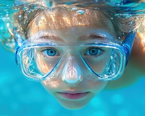 Naklejka premium Underwater Child with Snorkel Mask: A Captivating Portrait