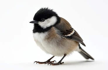 Obraz premium Close-up studio shot of fluffy small bird with black and white plumage on white backdrop. Isolated animal, great tit, birding photo with soft texture. Wildlife natural beauty.