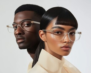 Fashionable couple showcases contemporary eyewear in a stylish studio setting during daylight hours
