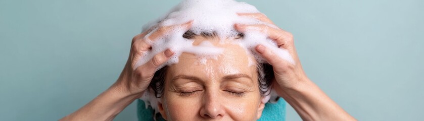 Fototapeta premium Elderly woman having her hair gently massaged with shampoo, care and love