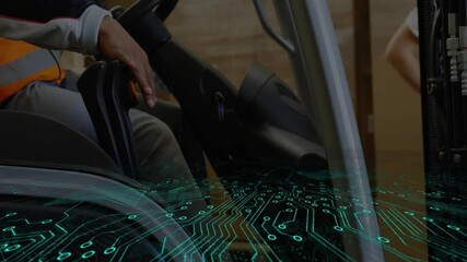 Operating forklift, person with digital circuit board animation overlay in warehouse - Powered by Adobe