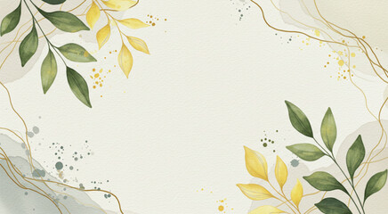 Watercolor Floral Background with Green and Yellow Leaves | Elegant Botanical Frame with Gold Accents | Artistic Nature-Inspired Template | Hand Vector background for banner, poster, Web, a packaging