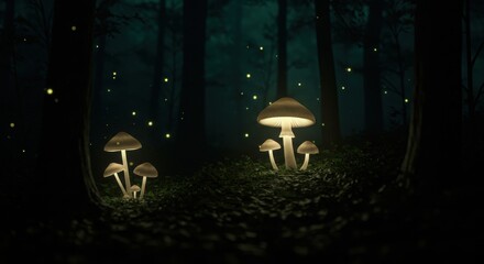 Glowing mushrooms illuminate a dark forest, surrounded by twinkling fireflies