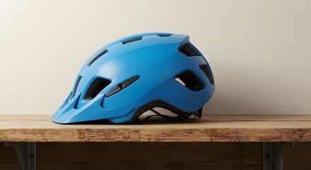 Fototapeta premium Blue bicycle helmet resting on a rustic wooden surface indoors