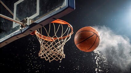 Fototapeta premium Basketball In Motion: Sporting Action Shot Featuring Ball Passing Through the Net with Water Droplets.