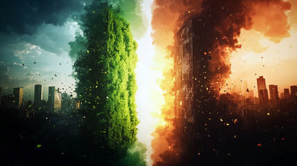 Obraz premium Battle of Green and Flames: The Future Environmental Choice