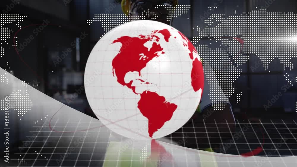 Poster rotating red globe with digital world map animation on grid background