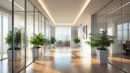 A serene office hallway bathed in sunlight, showcasing lush potted plants and modern glass partitions, creating a peaceful and productive atmosphere.
