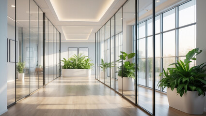 Obraz premium Serene modern office hallway bathed in sunlight, featuring lush potted plants adding a touch of nature to the minimalist design.