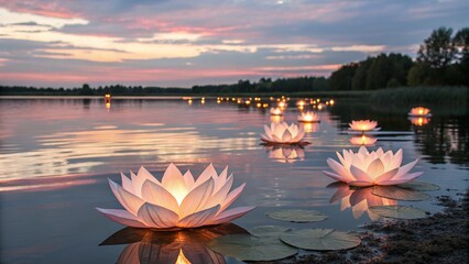 Serene lake at sunset, glowing lotus flower lanterns floating on water