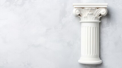 A solitary white classical column stands against a textured gray background providing ample copy space for text ideal for illustrating colonial legacy and historical concepts.