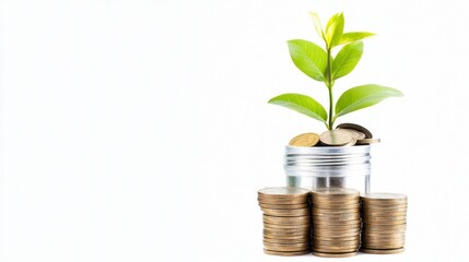 A small plant sprouts from a glass jar atop stacked wine corks, set against a white background. Growth, finance.