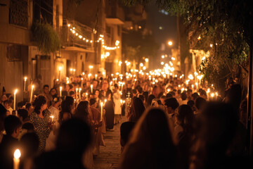 Crowd walking at night holding lit candles during religious procession