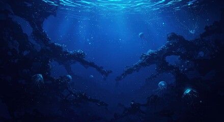 Obraz premium Underwater scene with glowing jellyfish illuminating dark ocean depths