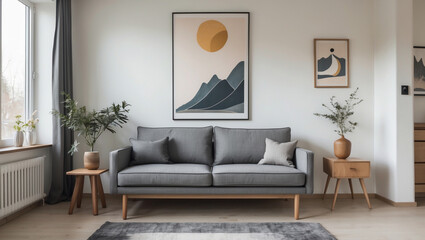 Serene living room, minimalist design showcasing a cozy grey sofa styled with calming plants and abstract mountain artwork, bathed in soft natural light.