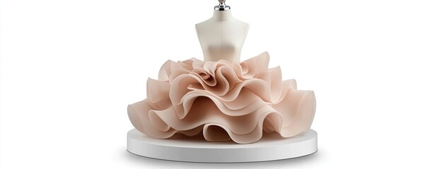 Soft pink mini dress features short sleeves and ruffles at the waist, showcasing high-quality craftsmanship on a mannequin stand