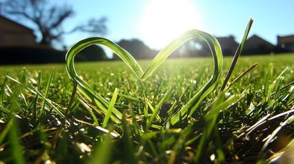 Heart Shape Created from Green Grass Blades Under Bright Sunlight in a Tranquil Outdoor Setting