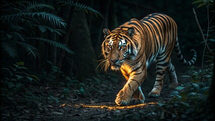 Tiger, jungle, dramatic lighting, prowling, intense gaze, striped fur, dark forest
