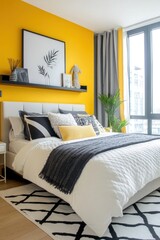 Modern bedroom with yellow wall, white bedding, and black accents.