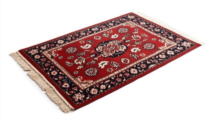 Red and navy blue patterned rug with intricate floral designs, isolated on white background. Fringes visible along
