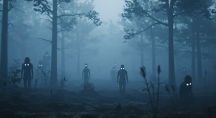 Mysterious figures with glowing eyes in a foggy forest at twilight