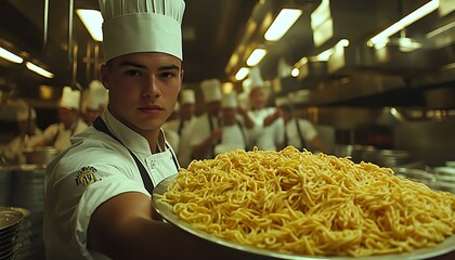 Chef presenting pasta, busy kitchen
