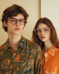 Fashion-forward young couple showcases trendy eyewear in a warm, stylish indoor setting during daylight