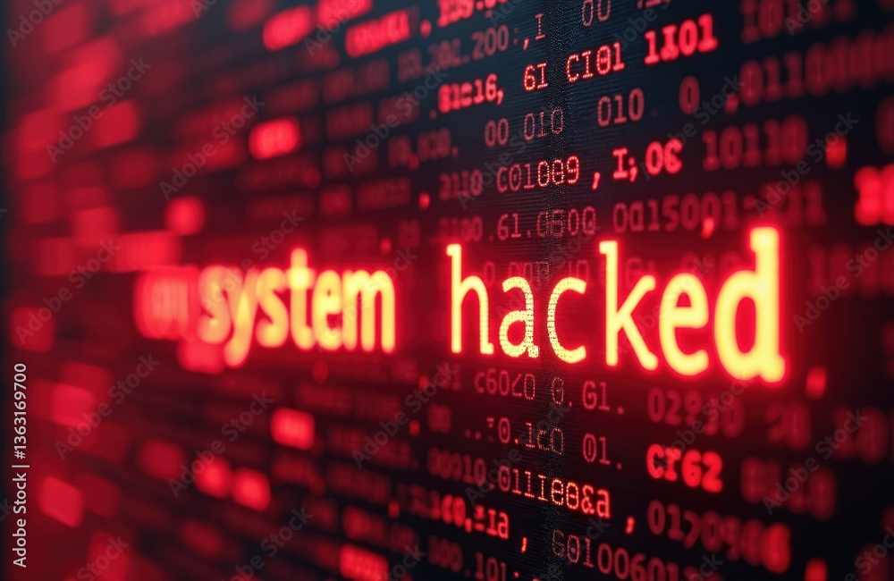 Aufkleber Digital display shows abstract code and malicious cyber attack warning. Red neon words ystem hacked. Cyber security, data breach, network intrusion, identity theft concepts.