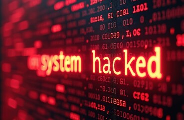 Digital display shows abstract code and malicious cyber attack warning. Red neon words ystem hacked. Cyber security, data breach, network intrusion, identity theft concepts.