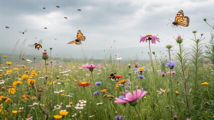 Wildflower meadow, colorful flowers, pink cosmos, yellow daisies, overcast sky, birds flying, rustic birdhouses
