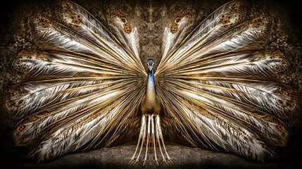 Obraz premium Majestic Peacock Displaying Ornate Feathers with Vibrant Colors Against a Textured Background