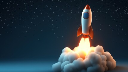 Rocket launching in night sky with smoke	