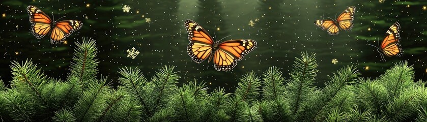 Butterflies in a mystical forest background