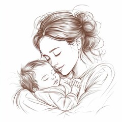 Fototapeta premium Simple line sketch of a mother rocking her baby to sleep, soft and maternal.