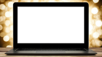 A sleek laptop sits on a wooden surface, surrounded by a bokeh background, showcasing a blank screen ready for creativity.