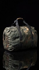 Old, worn-out, and dirty duffel bag with visible damage and stains, placed against a black background.