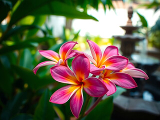 Fototapeta premium Vibrant Pink Plumeria Flowers in a Tropical Garden Setting
