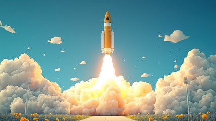 Rocket launching with smoke and flames	