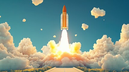 Rocket launching with smoke and flames	