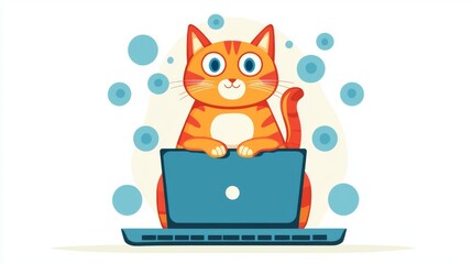 A playful orange cat sitting at a laptop, surrounded by colorful bubbles, showcasing a fun tech moment.
