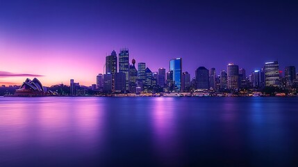 Fototapeta premium Sydney skyline at twilight, vibrant colours reflecting on water. Skyscrapers, opera house, city lights