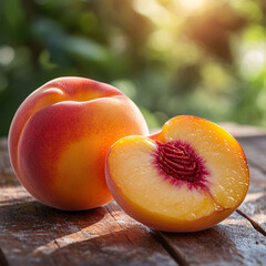 A whole peach and peach cut in half on a wooden table. Close-up.