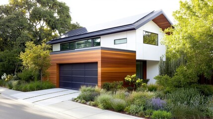 Fototapeta premium Modern two story house with wood siding, gray garage door, and lush landscaping. Bright daylight, clean lines, suburban