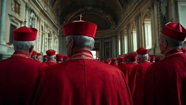 Group of red-robed Catholic cardinals gathered for the conclave.