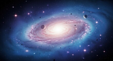 Stunning cosmic view of a spiral galaxy with two orbiting planets in space